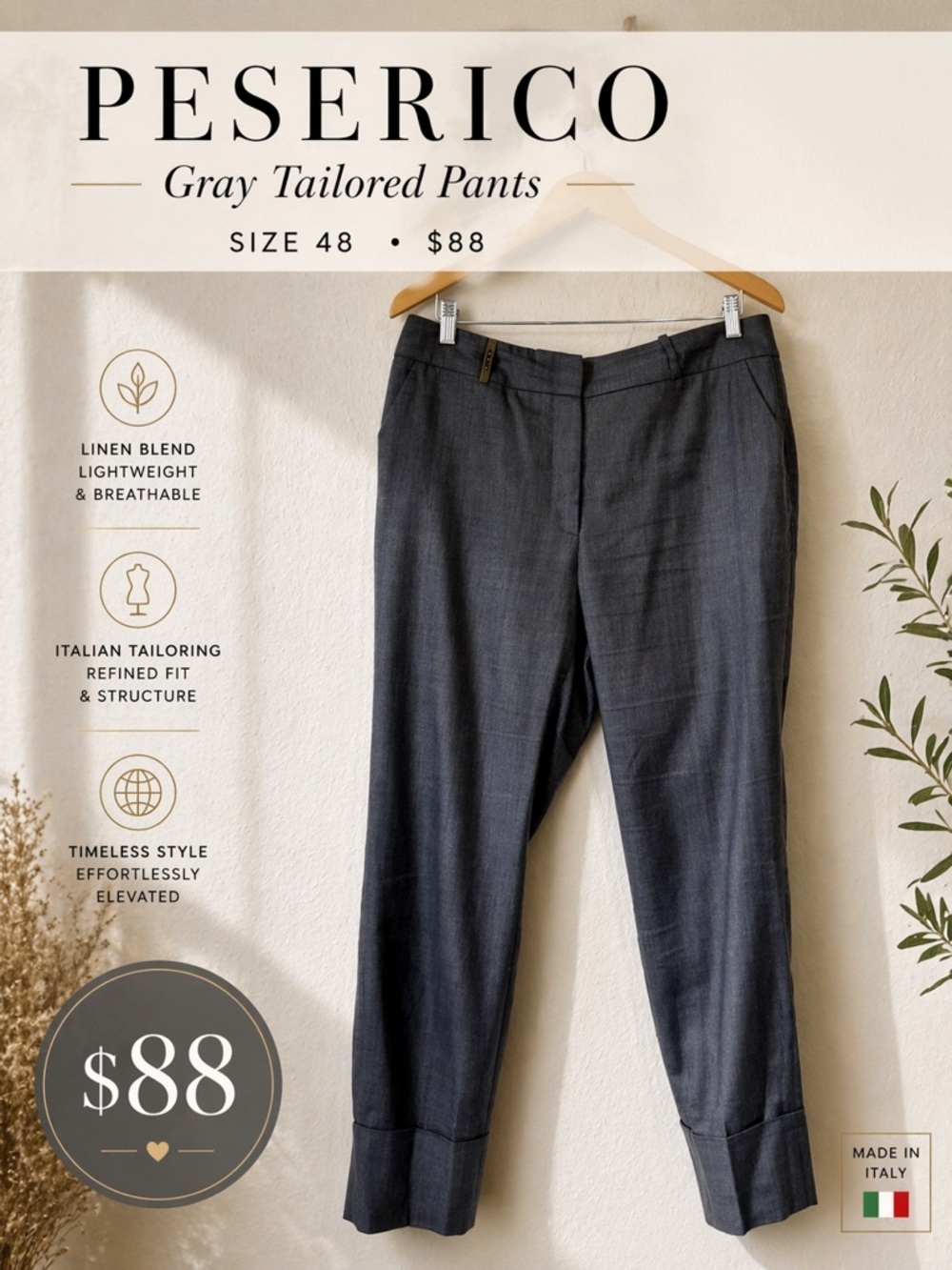 Peserico Gray Linen Blend Tailored Pants Size 48 Italy Cuffed Hem